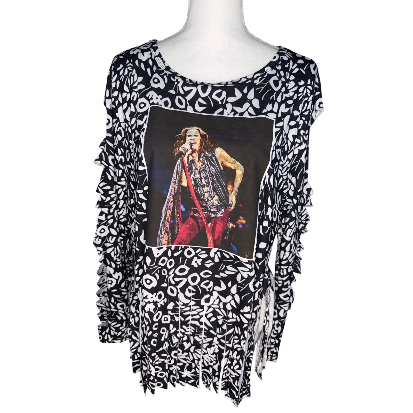 Aerosmith Steven Tyler Fringe Top Black White Cut Sleeve Rock Band Xl Ladies